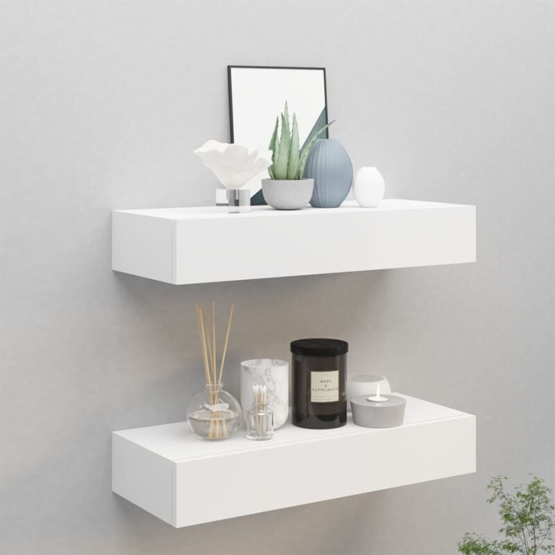 foto del prodotto set di 2 scaffali da parete libreria con cassetti da parete bianco 60x23,5x10 cm mdf 70791