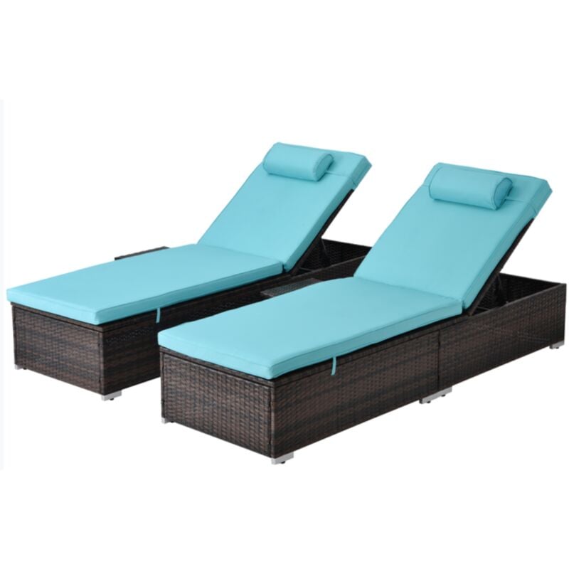 foto del prodotto set di 2 sdraio con cuscino in resina intrecciata blu e tavolino laterale punta cana