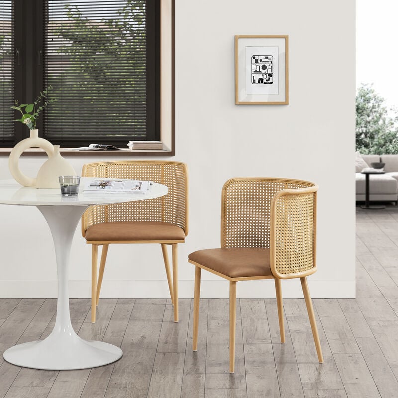 foto del prodotto set di 2 sedie 39 flen 39 sedute in similpelle schienale in rattan marrone effetto legno en.casa 