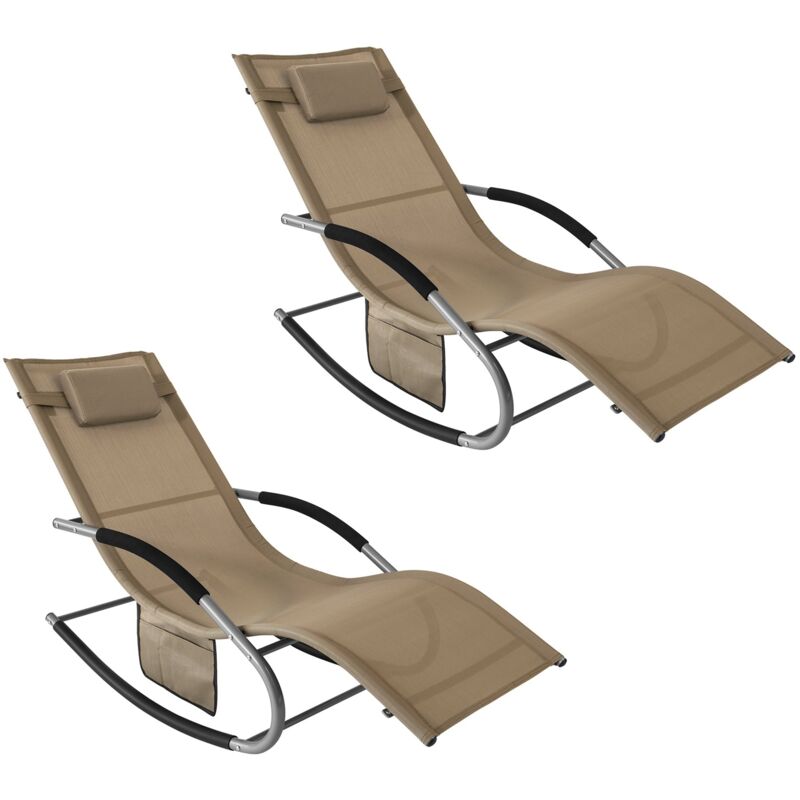foto del prodotto set di 2 sedie a dondolo da esterno poltrone sedie sdraio da giardino con cuscino e poggiatesta portata fino a 150 kg marrone 150x63x87 cm ogs28 brx2