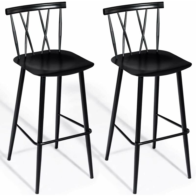 foto del prodotto set di 2 sedie alte in ferro, sedie alte da bar con spalliera, gambe svasate con cuscinetti antiscivolo, barre di rinforzo poggiapiedi, sedie design