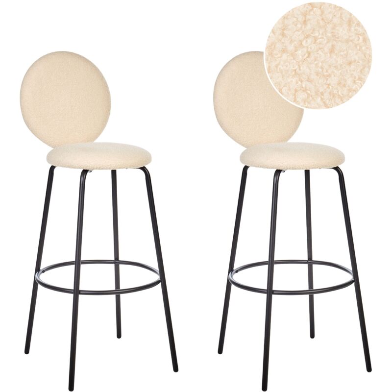 foto del prodotto set di 2 sedie da bar boucl beige chiaro con gambe in acciaio e schienale rotondo emery