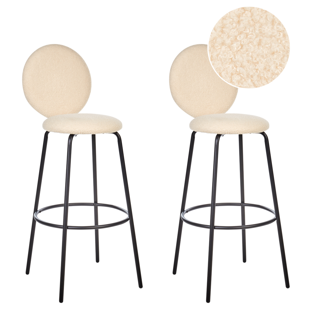 foto del prodotto set di 2 sedie da bar boucl beige chiaro con gambe in acciaio e schienale rotondo soggiorno salotto