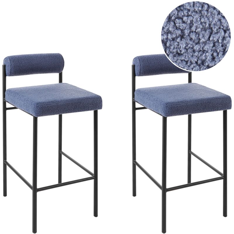 foto del prodotto set di 2 sedie da bar con seduta imbottita in tessuto boucle senza braccioli gambe nere blu amaya