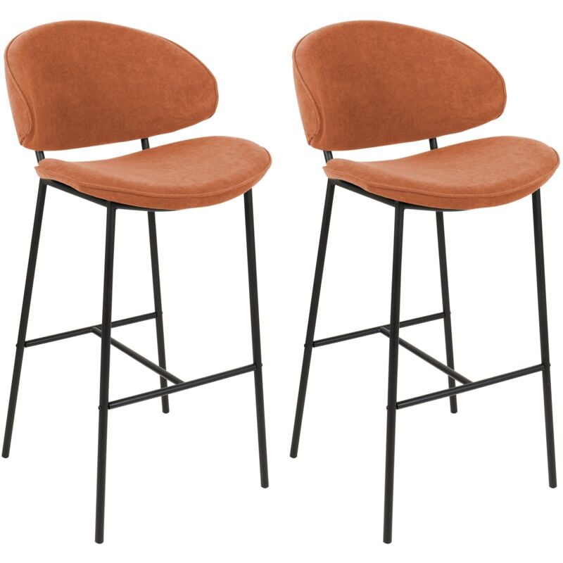 foto del prodotto set di 2 sedie da bar moderne seduta imbottita in tessuto senza braccioli schienale curvo gambe nere arancione kiana