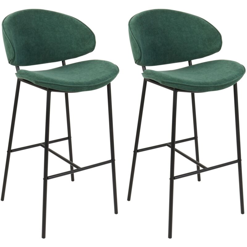 foto del prodotto set di 2 sedie da bar moderne seduta imbottita in tessuto senza braccioli schienale curvo gambe nere verde kiana
