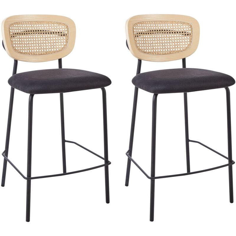 foto del prodotto set di 2 sedie da bar moderne sgabelli con schienale in rattan a treccia viennese seduta in poliestere senza braccioli gambe nere mayetta
