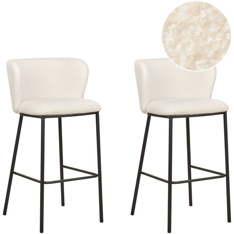 foto del prodotto set di 2 sedie da bar moderne sgabelli con sedile imbottito in boucle senza braccioli schienale curvo gambe nere bianco mina