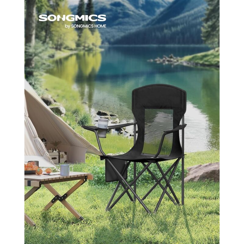 foto del prodotto set di 2 sedie da campeggio, sedia pieghevole per esterni, sedia da pesca, schienale alto, braccioli regolabili, portabevande, portata 150 kg, per