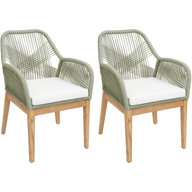 foto del prodotto set di 2 sedie da giardino hhg 678b, poltrona da esterno, corda intrecciata legno di acacia, verde cuscini avorio