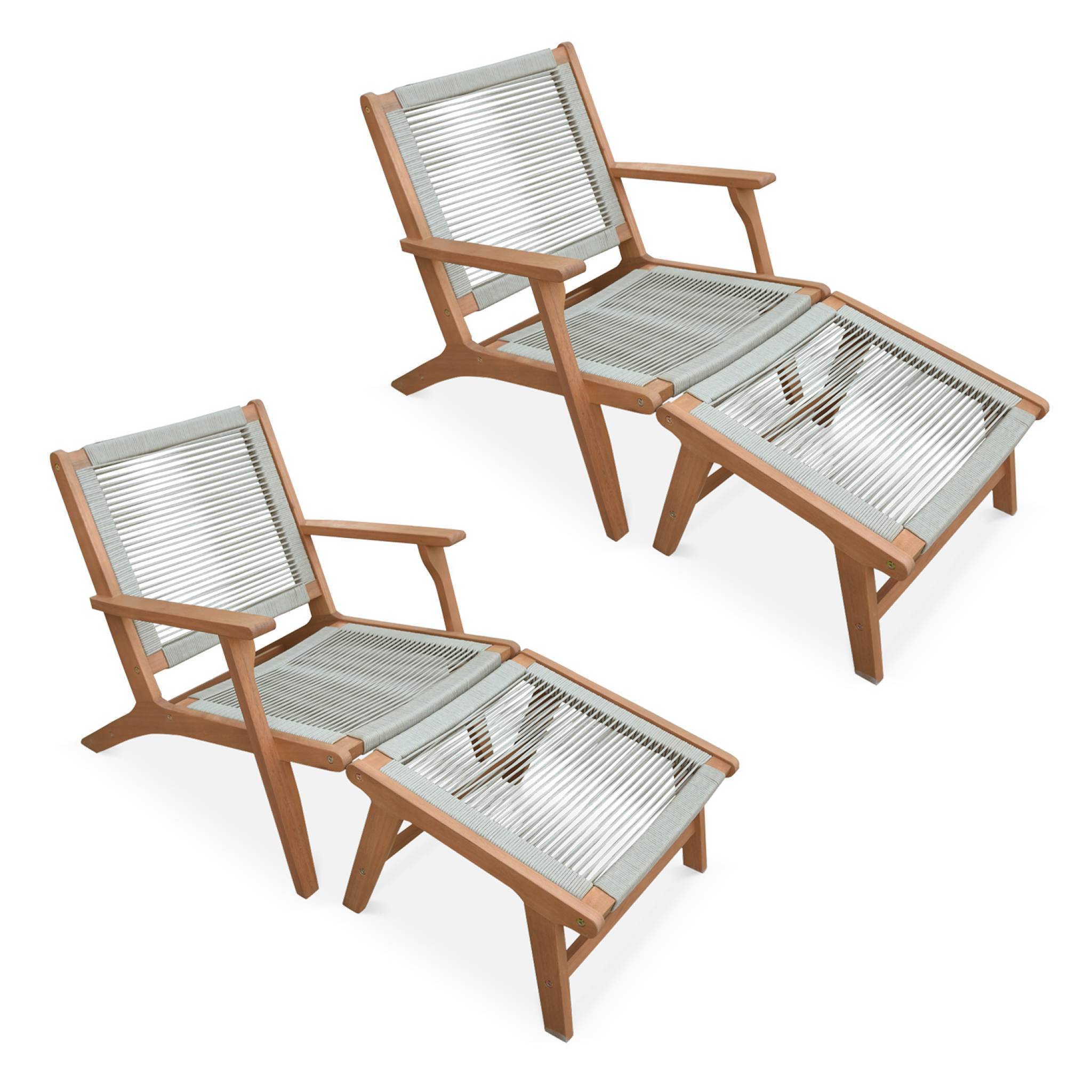 foto del prodotto set di 2 sedie da giardino in legno e corda con poggiapiedi, beige