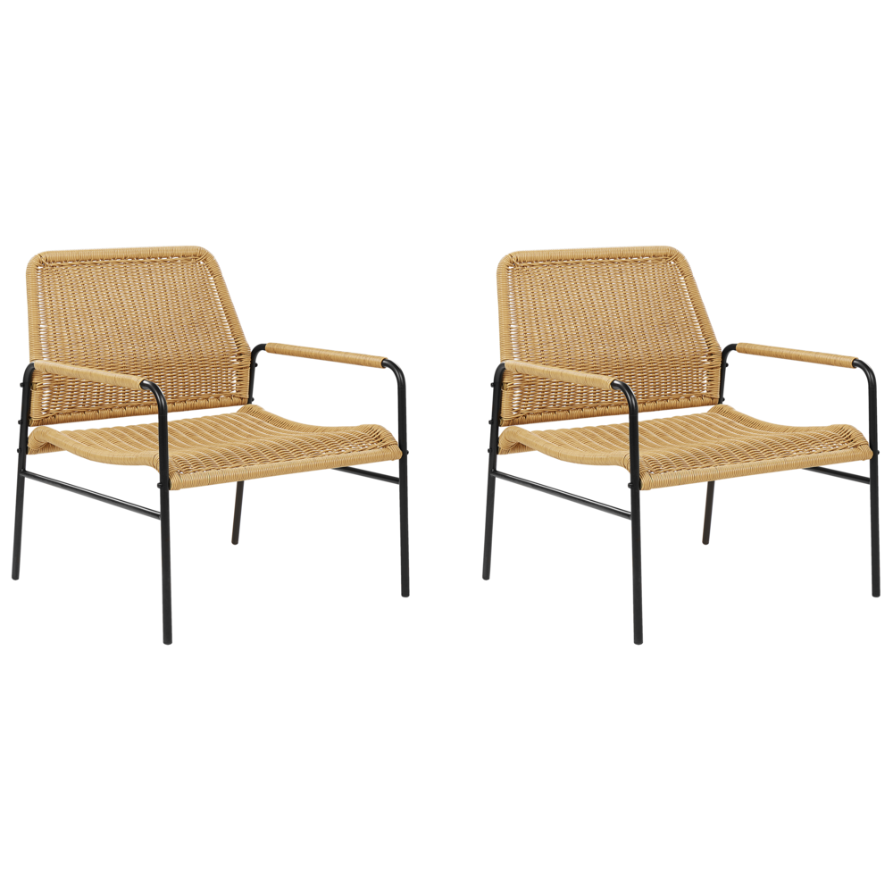 foto del prodotto set di 2 sedie da giardino naturale con telaio nero in rattan con struttura in metallo dal design moderno.