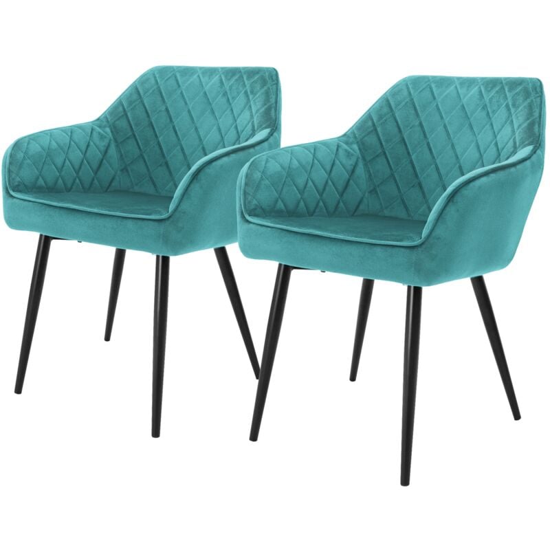 foto del prodotto set di 2 sedie da pranzo con braccioli e schienale in velluto colore turchese poltroncina da soggiorno imbottita gambe in metallo seduta ergonomica