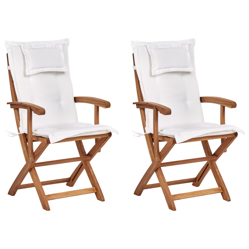 foto del prodotto set di 2 sedie da pranzo da giardino legno chiaro con cuscino bianco struttura in legno di acacia design rustico pieghevole
