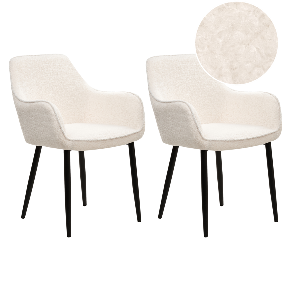 foto del prodotto set di 2 sedie da pranzo in tessuto boucl bianco braccioli schienale intagliato gambe in metallo moderna industriale