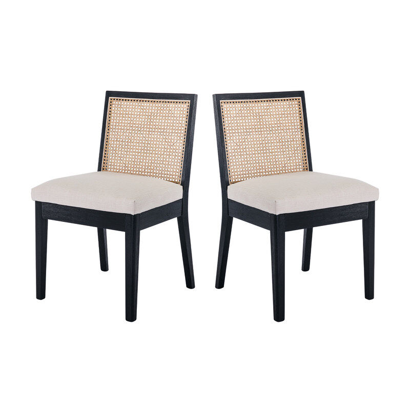foto del prodotto set di 2 sedie da pranzo in tessuto di lino sedie da cucina retr in rattan sedie con gambe in legno per soggiorno, nero