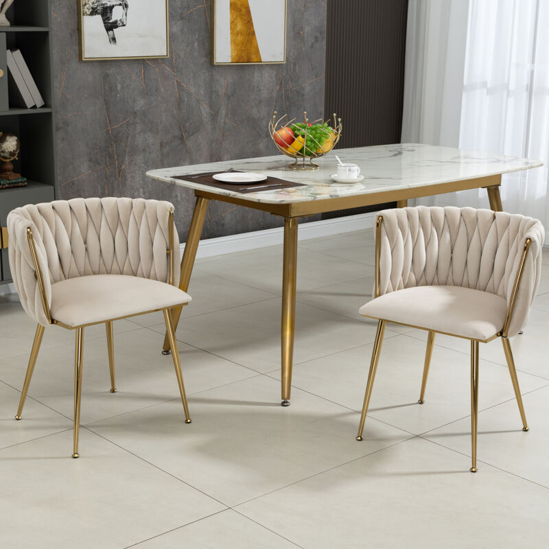 foto del prodotto set di 2 sedie da pranzo in velluto beige con gambe in metallo dorato per sala da pranzo soggiorno camera da letto
