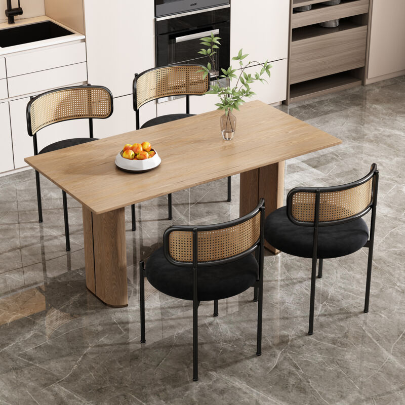 foto del prodotto set di 2 sedie da pranzo in velluto e rattan con gambe in metallo. moderno e semplice per il soggiorno. nero