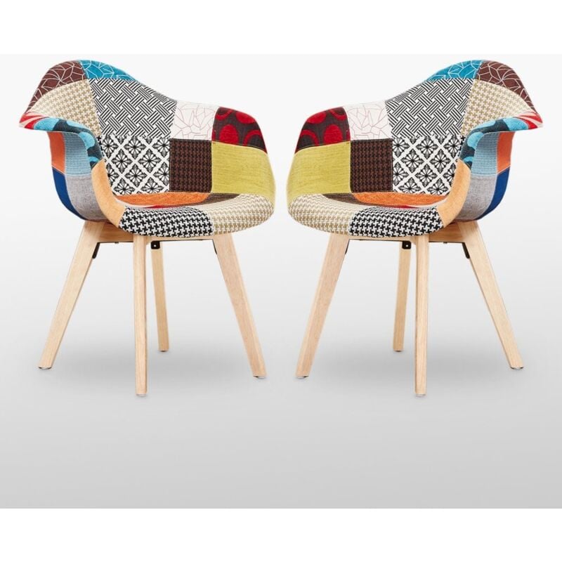 foto del prodotto set di 2 sedie da pranzo patchwork tub con bracciolo imbottitura in tessuto con gambe in legno sedia da pranzo multicolore