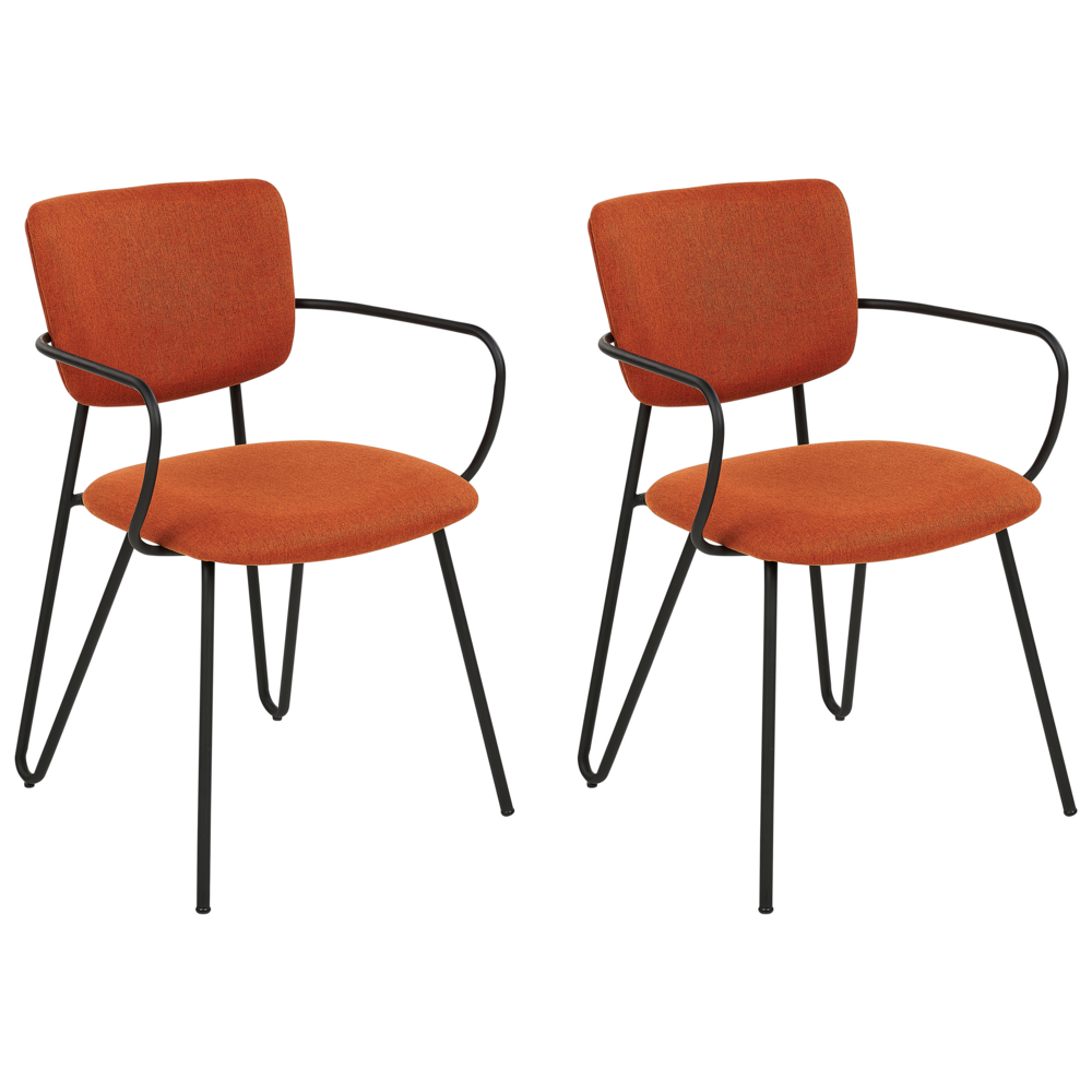 foto del prodotto set di 2 sedie da pranzo rivestimento in tessuto strutturale in poliestere arancione gambe in metallo nero schienale curvo senza braccioli design moderno e contemporaneo