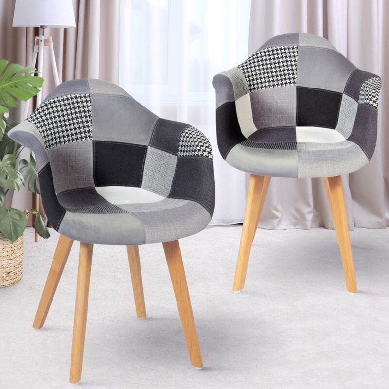 foto del prodotto set di 2 sedie da pranzo scandinave e poltrone da tavolo sara con motivi patchwork neri, grigi e bianchi