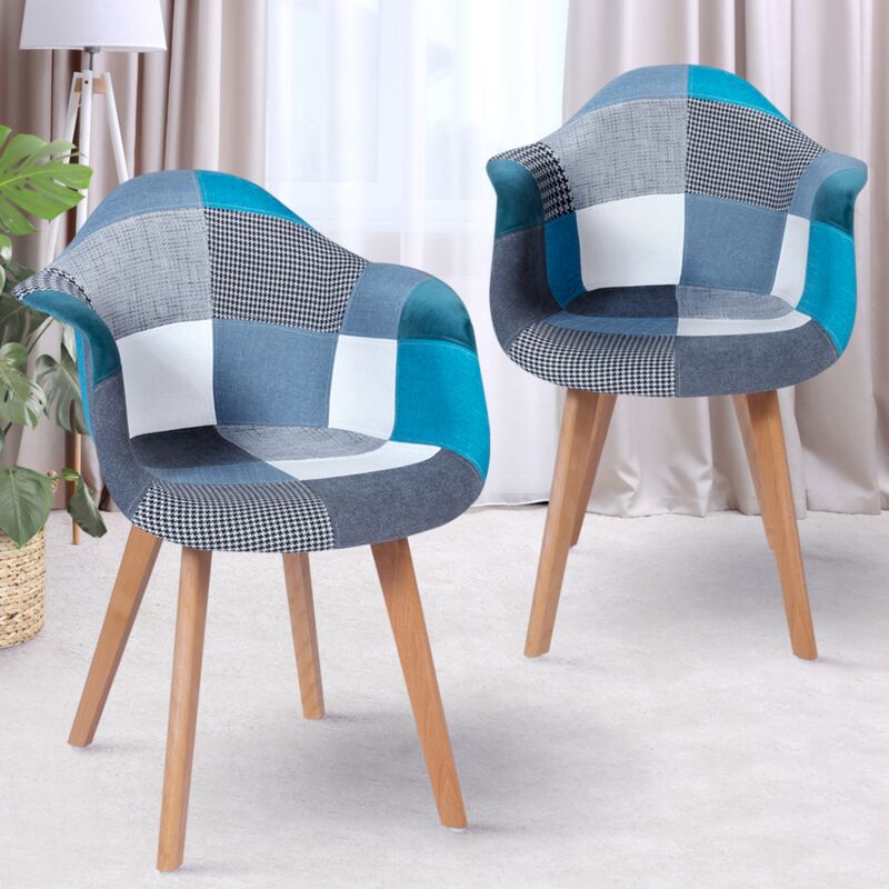 foto del prodotto set di 2 sedie da pranzo scandinave, poltrone da tavolo sara patchwork blu