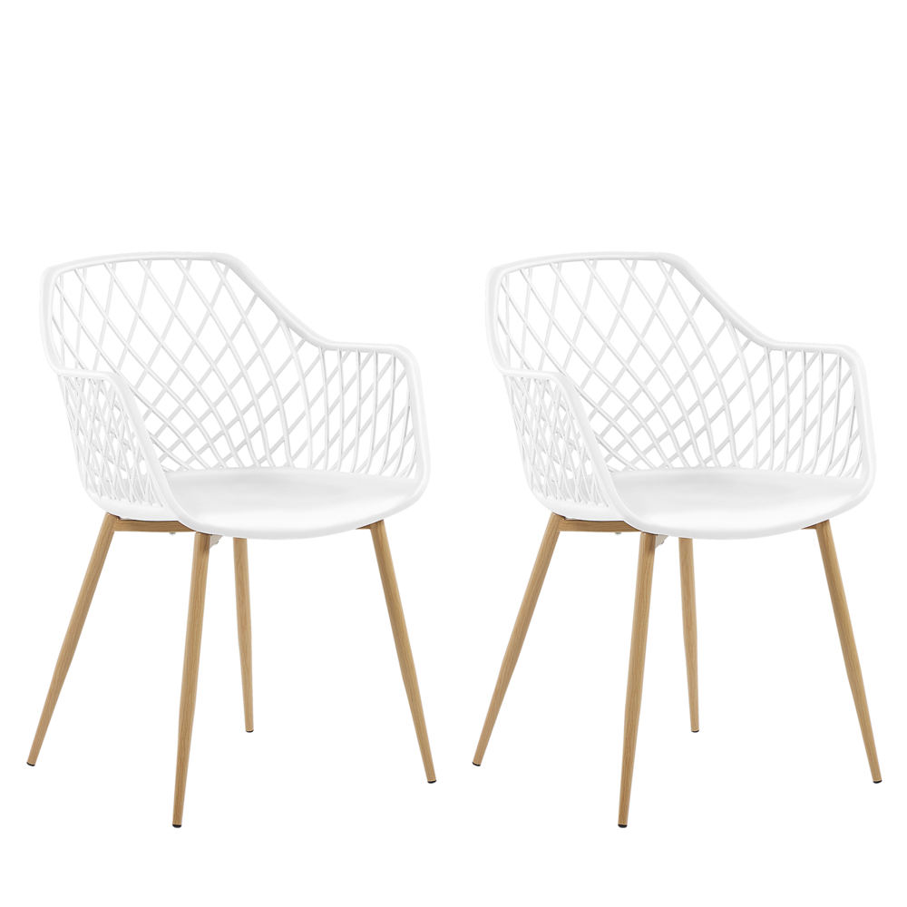 foto del prodotto set di 2 sedie da pranzo seduta sintetica bianca gambe in metallo in legno chiaro schienale aperto in rete soggiorno moderno stile scandinavo