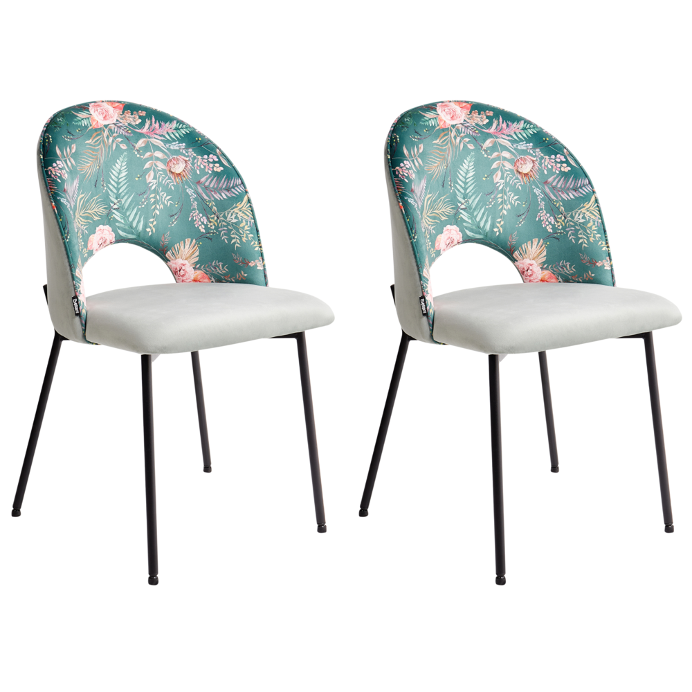 foto del prodotto set di 2 sedie da pranzo tappezzeria in velluto verde motivo floreale gambe nere glamour retr 