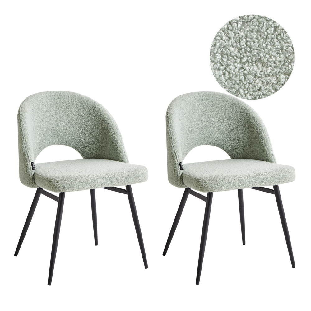 foto del prodotto set di 2 sedie da pranzo tessuto bouclè verde chiaro e metallo braccioli gambe in metallo moderna industriale