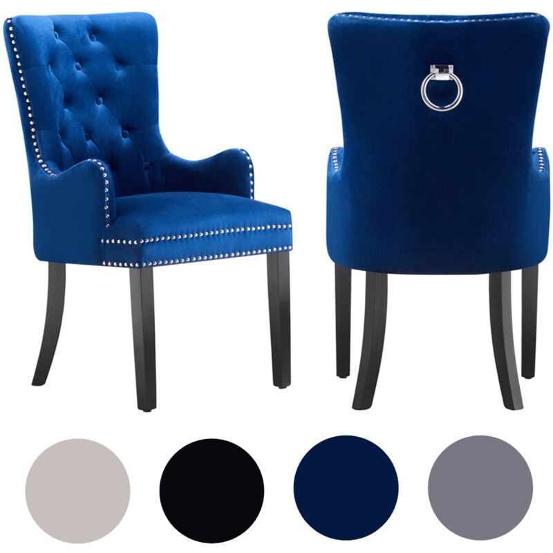 foto del prodotto set di 2 sedie da pranzo windsor lux imbottite in velluto con braccioli per sala da pranzo cucina blu