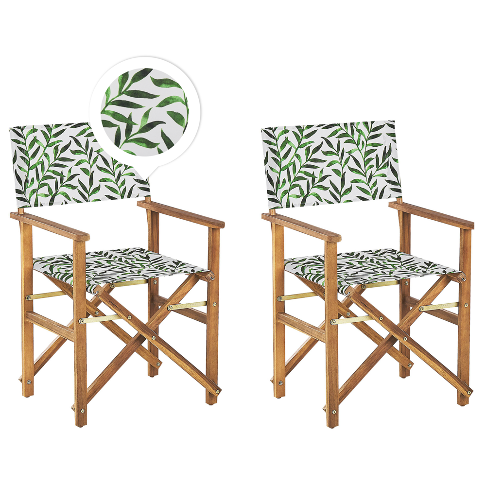 foto del prodotto set di 2 sedie da regista da giardino in legno chiaro con foglie di acacia grigie modello tessuto sostitutivo pieghevole con 2 tele intercambiabili