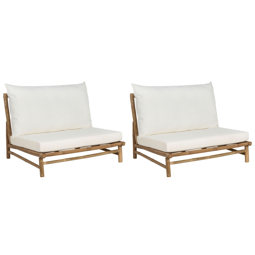 foto del prodotto set di 2 sedie in legno da giardino in bamb con cuscini bianco sporco interno ed esterno stile moderno rustico