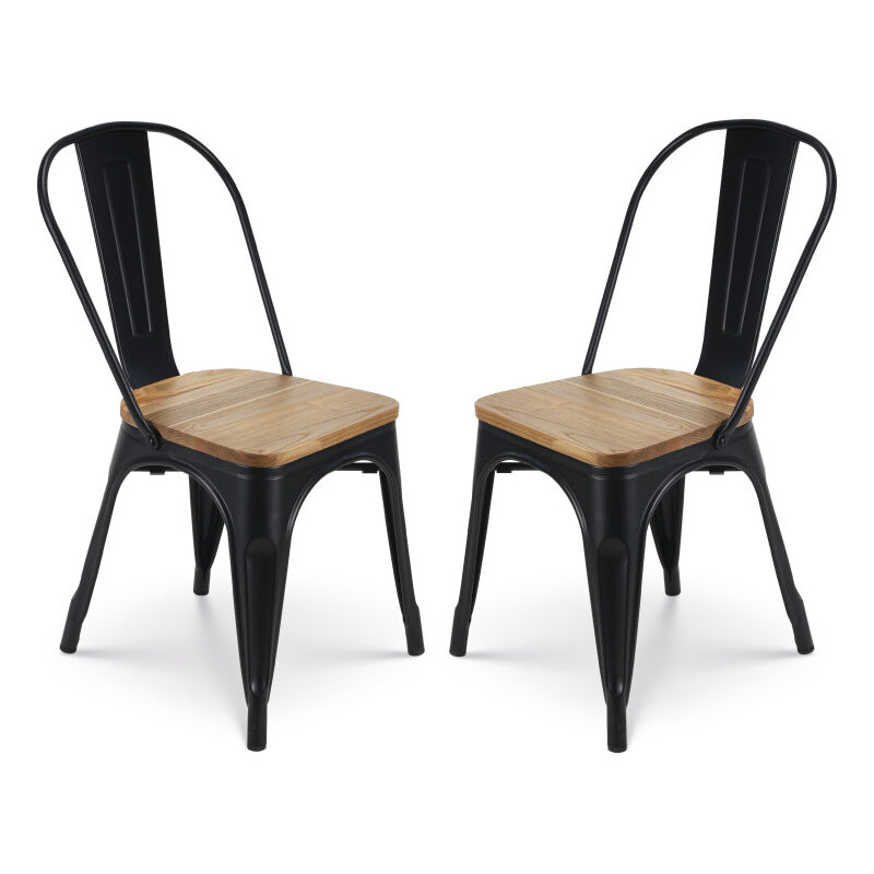 foto del prodotto set di 2 sedie in metallo nero opaco con seduta in legno chiaro stile industriale kosmi