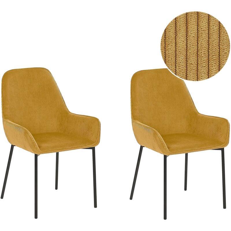 foto del prodotto set di 2 sedie per sala da pranzo seduta imbottita in tessuto di velluto a coste giallo gambe in metallo nero stile moderno