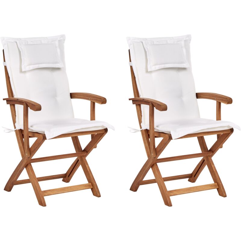foto del prodotto set di 2 sedie pieghevoli da giardino in legno chiaro per pranzi e cene all aperto con cuscino bianco maui ii