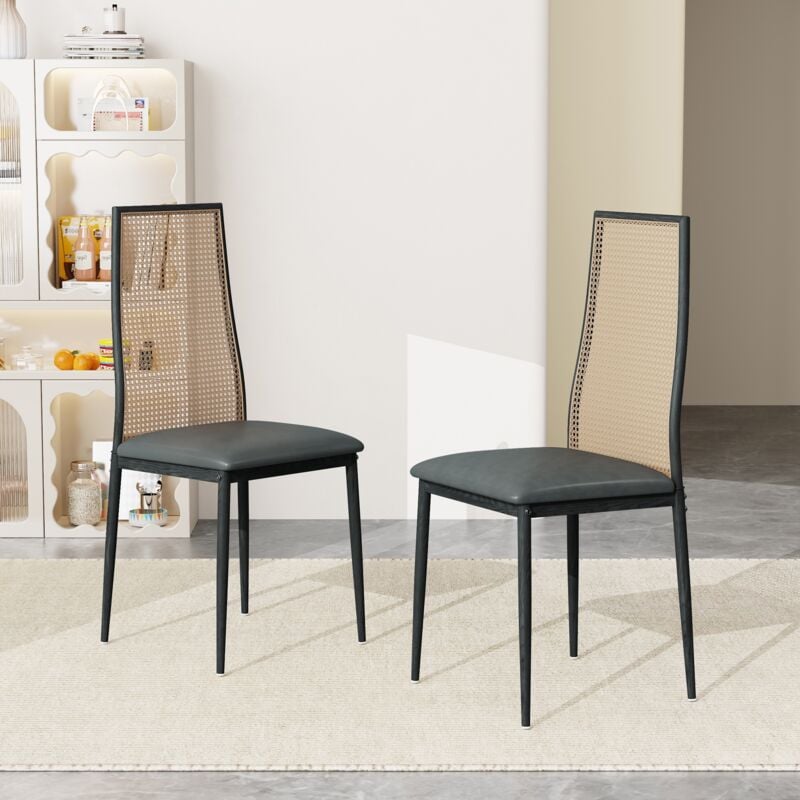 foto del prodotto set di 2 sedie, sedie da pranzo in tessuto con comodo schienale in rattan, gambe in legno, per cucina, sala da pranzo, bar nero