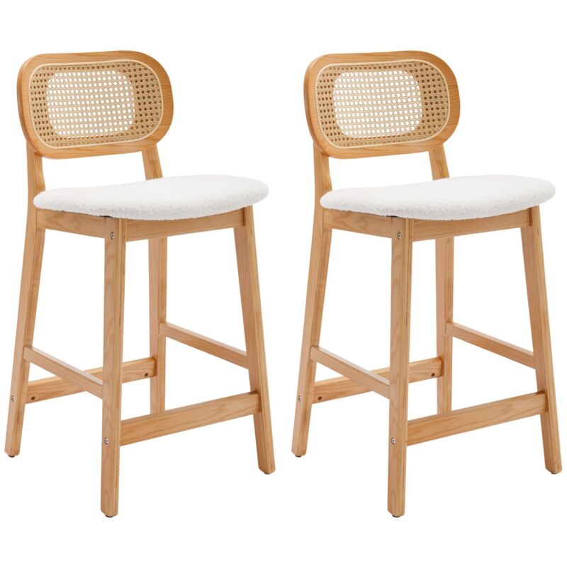 immagine 0 del prodotto set di 2 sgabelli bar in rattan sgabelli cucina imbottite con cuscino in tessuto sherpa sedia da bar retr sgabelli alti con gambe in legno, beige