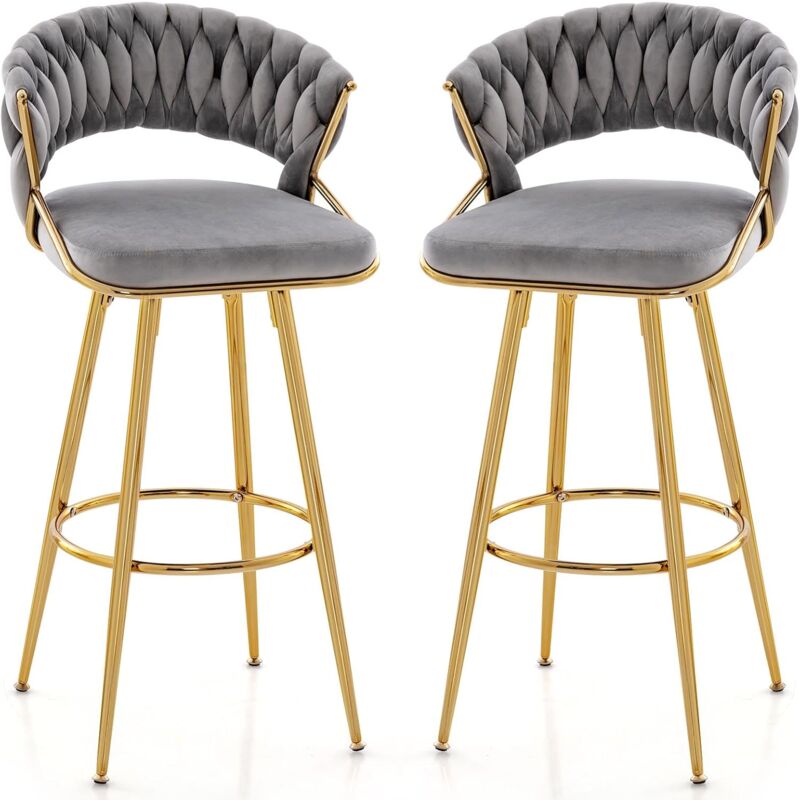 foto del prodotto set di 2 sgabelli bar in velluto, sgabello bar di 73 cm con schienale intrecciato e gambe in metallo, sgabello da bar con schienale e piedini