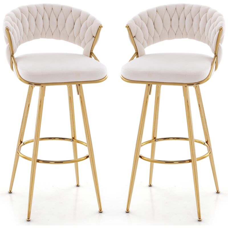 foto del prodotto set di 2 sgabelli bar in velluto, sgabello bar di 73 cm con schienale intrecciato e gambe in metallo, sgabello da bar con schienale e piedini