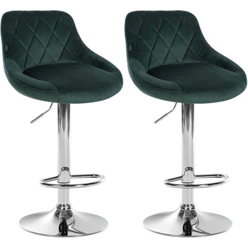 foto del prodotto set di 2 sgabelli da bar con cuciture decorative a rombi, seduta in velluto verde scuro e struttura in metallo cromato tdb10771