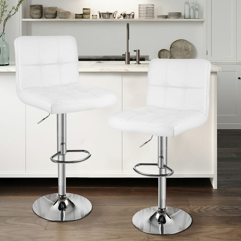 foto del prodotto set di 2 sgabelli da bar design bigzzia sgabelli da bar o cucina in similpelle, regolabile e girevole a 360 , con schienale e poggiapiedi, bianco