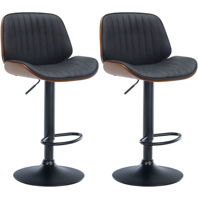 foto del prodotto set di 2 sgabelli da bar in ecopelle nera con cuciture, struttura in legno scuro, gambe in metallo nero tdb10748