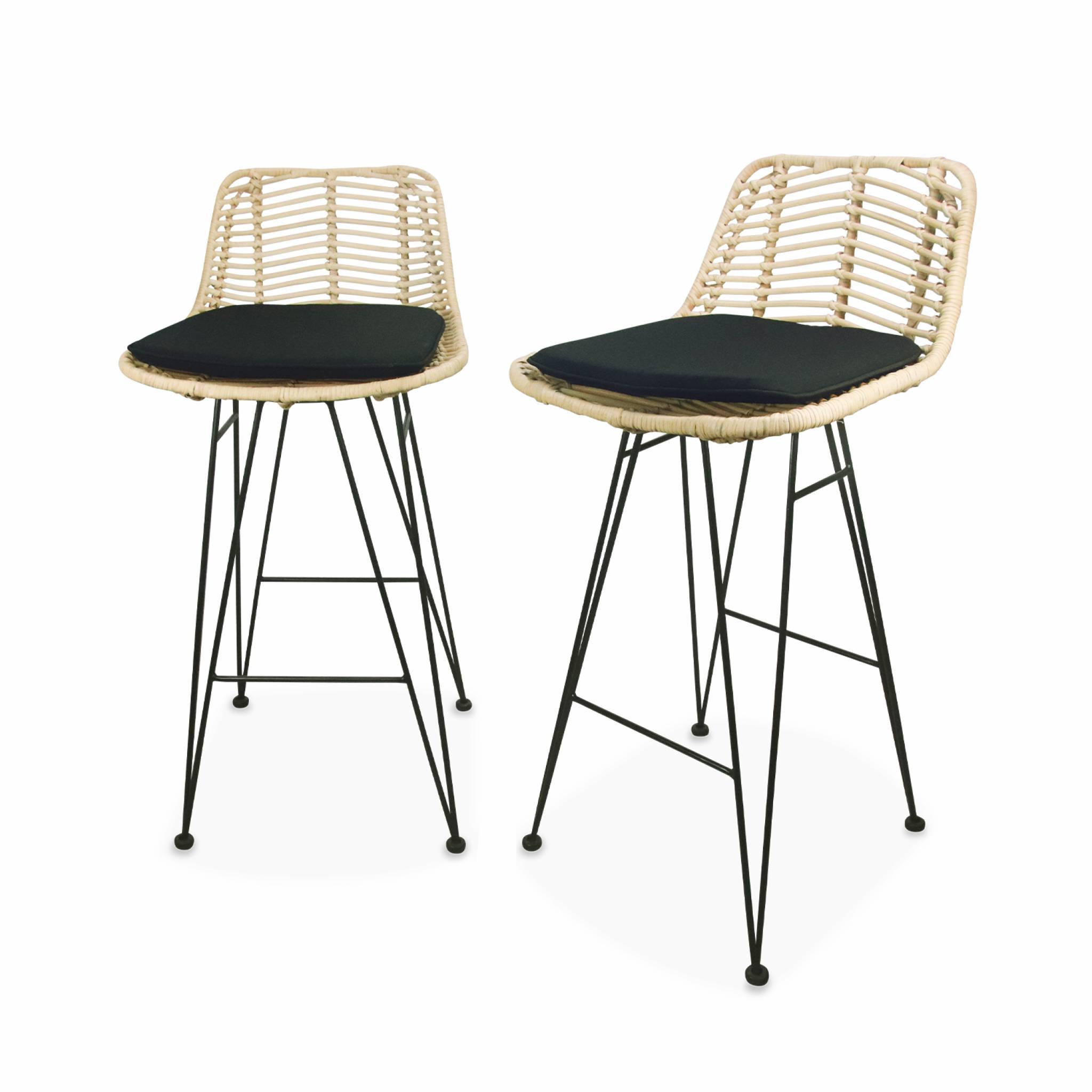 foto del prodotto set di 2 sgabelli da bar in metallo e rattan, 67cm, nero