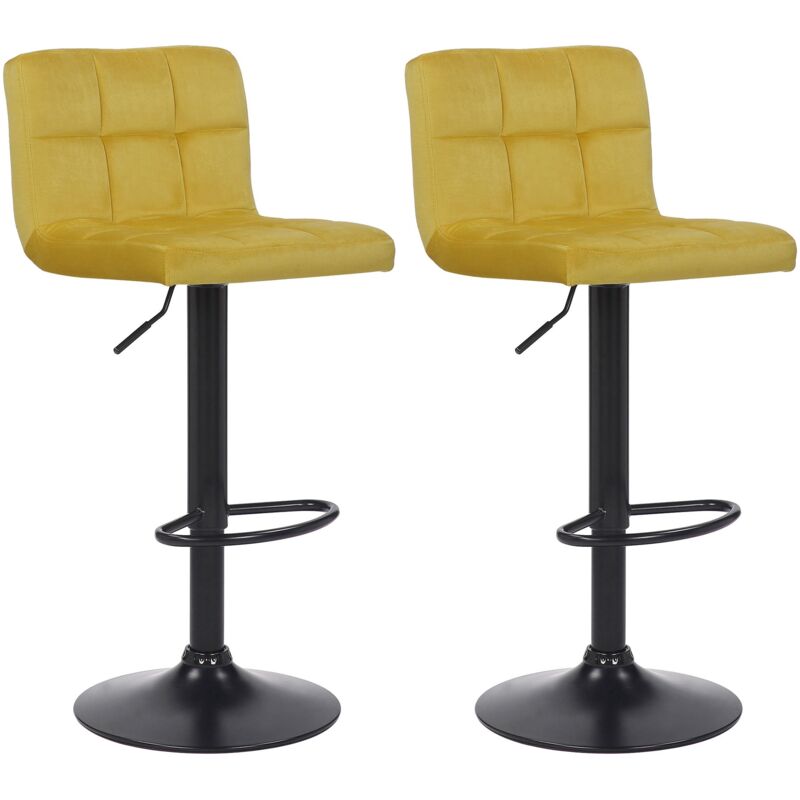 foto del prodotto set di 2 sgabelli da bar in velluto giallo cuciture decorative base in metallo nero 100004148