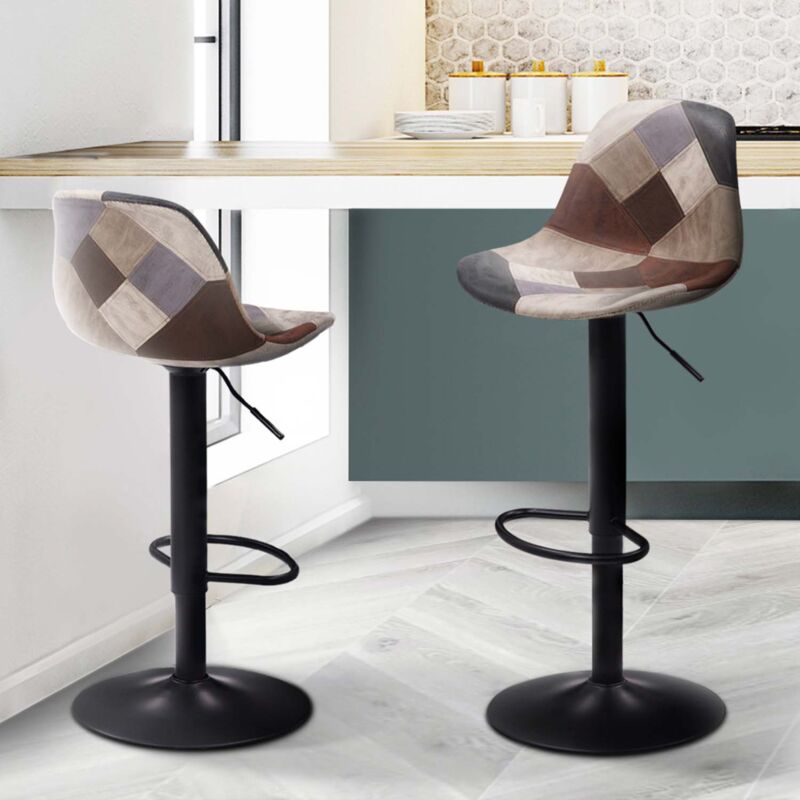 foto del prodotto set di 2 sgabelli da bar karl patchwork in marrone, grigio e beige con gambe nere