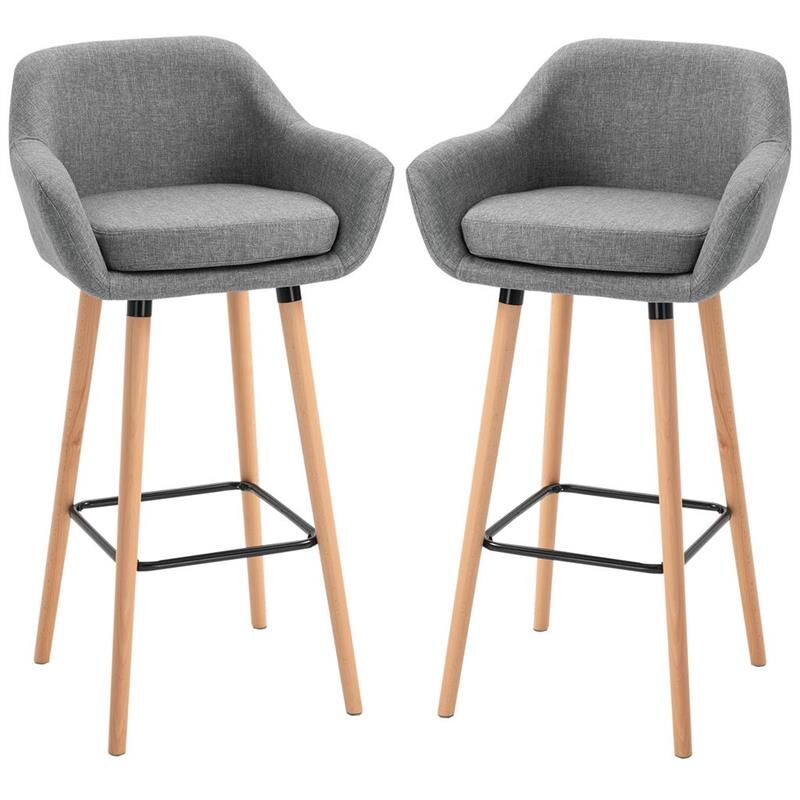 foto del prodotto set di 2 sgabelli da bar moderni con cuscino. gambe in legno e tessuto grigio