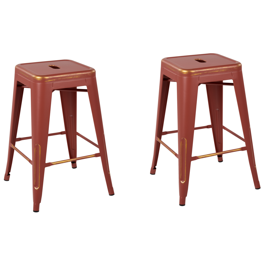 foto del prodotto set di 2 sgabelli da bar rosso con acciaio dorato 60 cm impilabile altezza bancone industriale