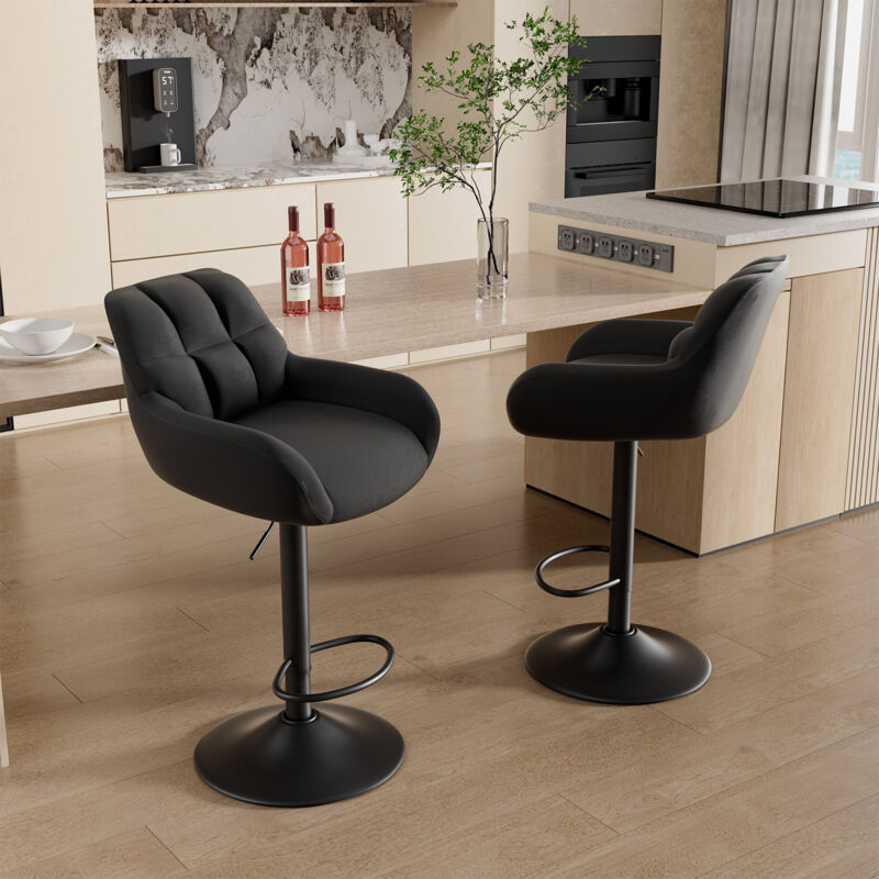 foto del prodotto set di 2 sgabelli da bar, sedia da bar con schienale e braccioli, sgabello ergonomico con poggiapiedi, sgabello imbottito in tessuto, nero