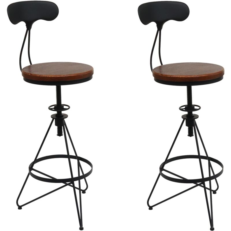 foto del prodotto set di 2 sgabelli da bar seggiolone con poggiapiedi girevole regolabile in altezza design industriale metallo nero e legno marrone tdb04080