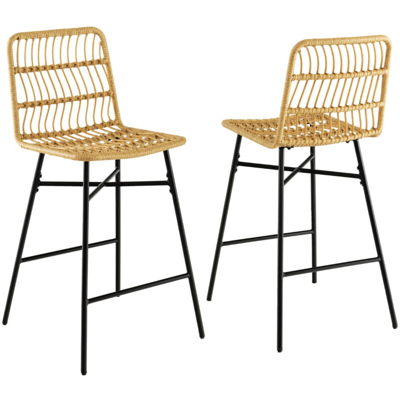 foto del prodotto set di 2 sgabelli da bar, set di 2 sgabelli da bar, schienale in vimini, seduta in pelle sintetica, altezza 69 cm, stile naturale